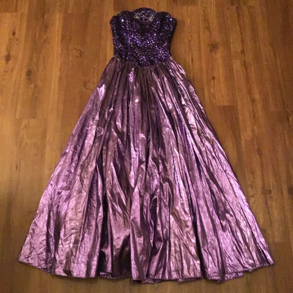 Vintage 1980s Mike Benet Beaded Sequin Taffeta Metallic Prom Formal Dress